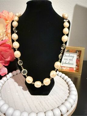 Vintage Givenchy Paris New York Faux Pearl Crystal Long Necklace Gold Tone